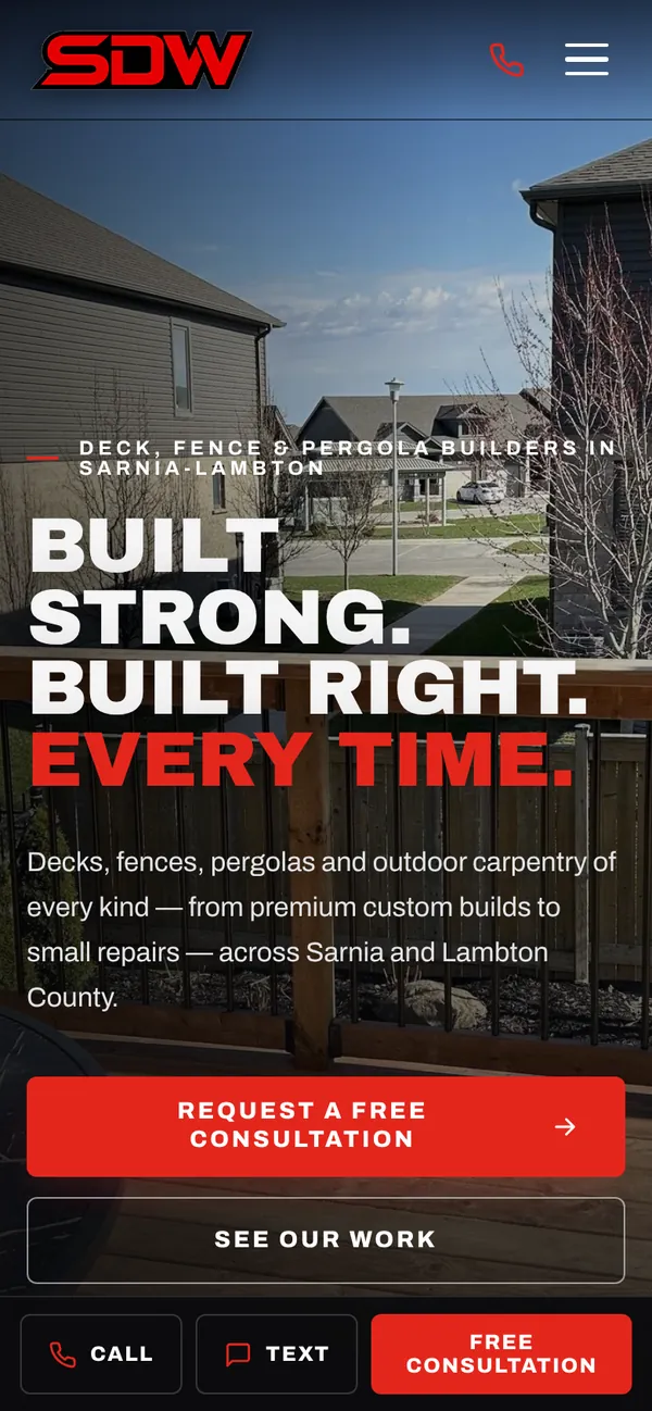 Sarnia Deck Works website on a phone